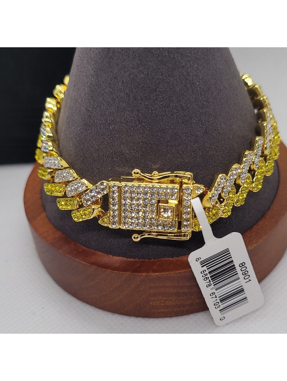 Gold Cuban Link Chain Bracelet with Pavé Box Clasp, Metal, Yellow & White